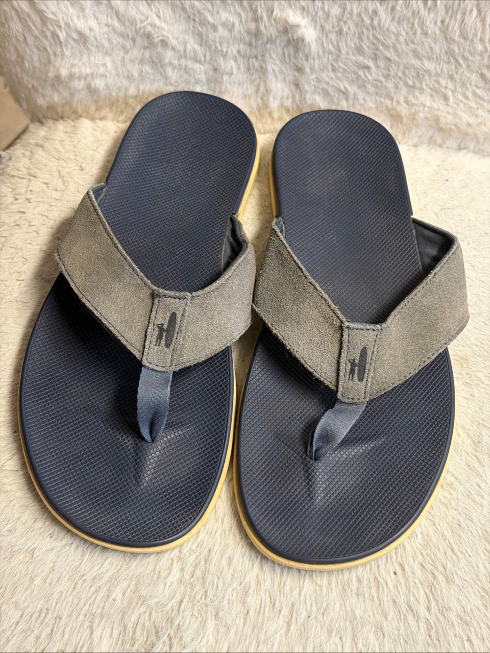 johnnie-O Gray Suede Strap Flip Flops with Navy Footbed